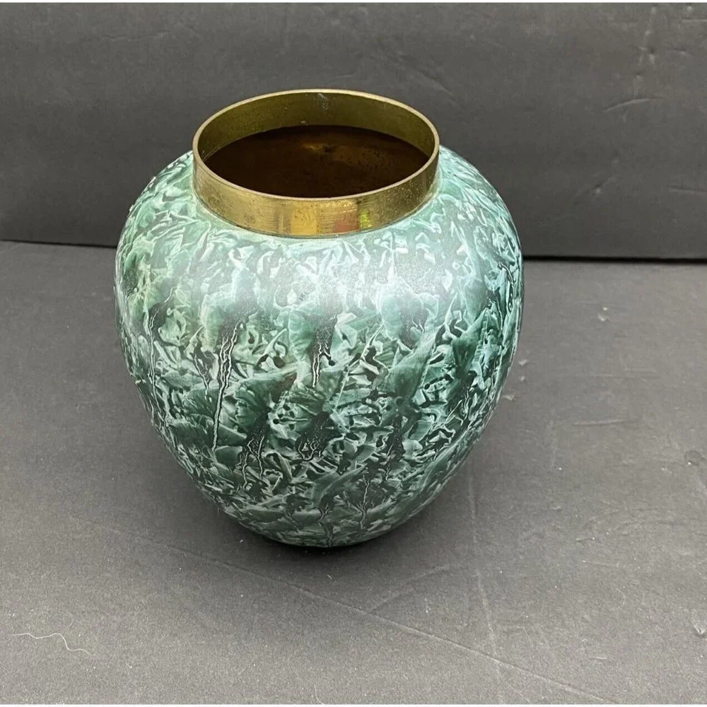 Vintage Brass Vase Green Marbled Abstract Finish Smooth‎ India Boho Artsy 90s